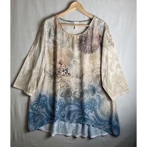 Chico's 4 Mixed Fabric Tunic Top Paisley Ombre Print Semi Sheer Front Top Boho